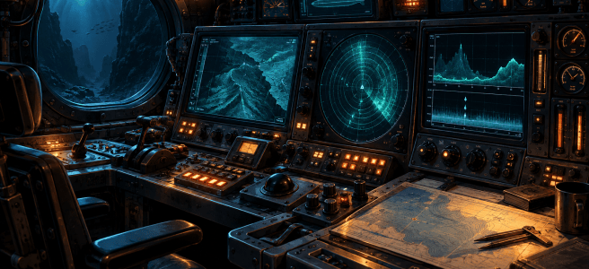 NEREIDS concept art: a submarine control room illuminated by blue sonar screens and amber instruments, overlooking a deep underwater canyon